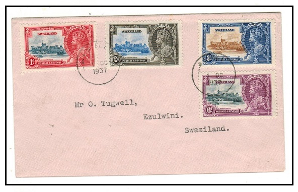 SWAZILAND - 1937 local cover bearing Silver Jubilee set cancelled by STEGI relief cancel.