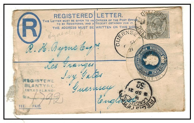 NYASALAND - 1914 4d blue RPSE uprated to Guernsey used at BLANTYRE.  H&G 2a.