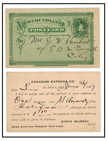 NEWFOUNDLAND - 1880 1c green PSC used at ST.JOHNS.  H&G 3.