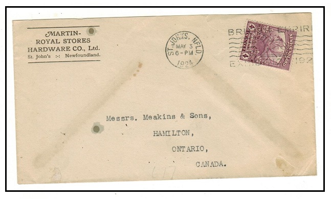 NEWFOUNDLAND - 1924 4c rate cover to Canada cancelled 