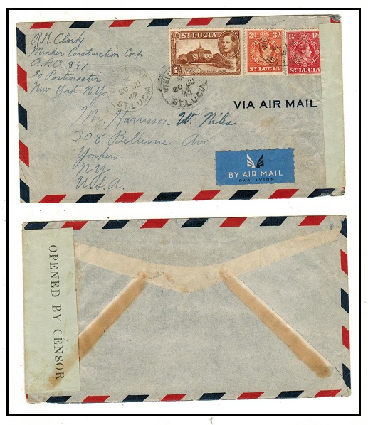 ST.LUCIA - 1942 1/- + 4 1/2d rate OPENED BY CENSOR cover to USA used at VIEUX FORT.