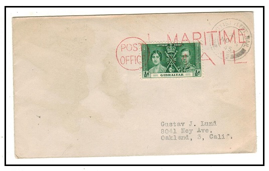 GIBRALTAR - 1945 1/2d rate cover to USA tied by red 