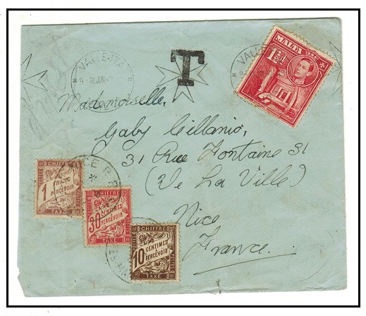 MALTA - 1938 1 1/2d rate underpaid cover with French 