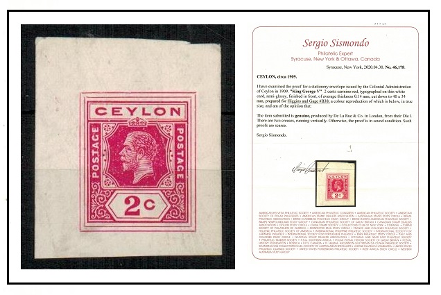 CEYLON - 1915 2c IMPERFORATE COLOUR TRIAL printed in bright pink with Sismondo certificate.