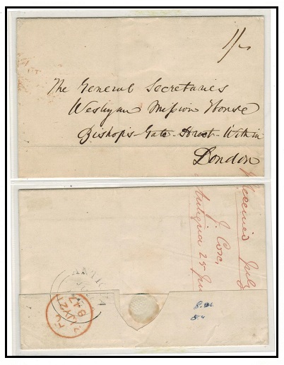 ANTIGUA - 1847 1/- rated outer wrapper to UK with ANTIGUA double arc b/s.