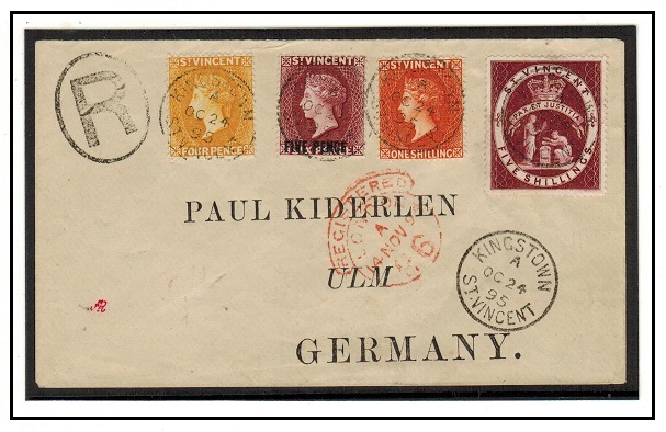 ST.VINCENT - 1895 registered cover to Germany with colourful four adhesive franking.