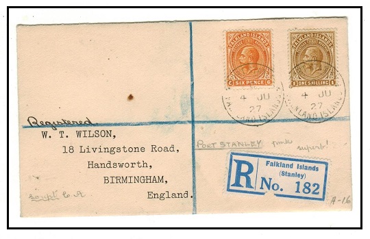 FALKLAND ISLANDS - 1927 6d + 1/- on registered cover to UK used at PORT STANLEY.
