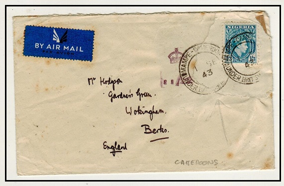 CAMEROONS - 1943 1/3d rate cover to UK used at MAMFE with 
