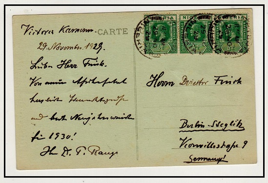 CAMEROONS - 1929 1 1/2d rate postcard use to Germany used at VICTORIA/NIGERIA.
