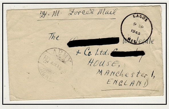 NIGERIA - 1946 stampless LAGOS/MIL (military) cover to UK with ARMY SIGNALS/HQ-NA strike.