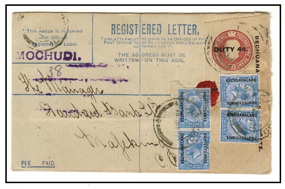 BECHUANALAND - 1913 4d on 2d+1d brown uprated RPSE to Mafeking used at MOCHUDI.  H&G 11a.