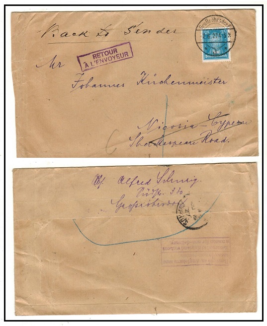 CYPRUS - 1927 inward cover from Germany undelivered and struck 