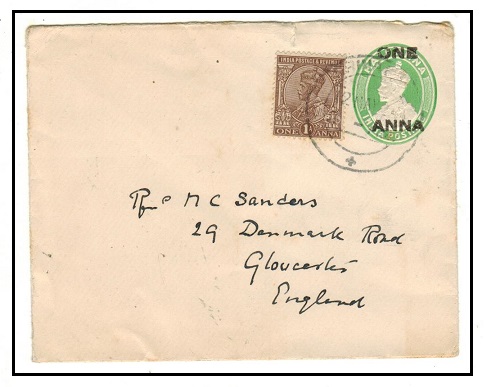 INDIA - 1921 ONE ANNA black on 1/2d yellow green PSE uprated to UK.  H&G 11a.