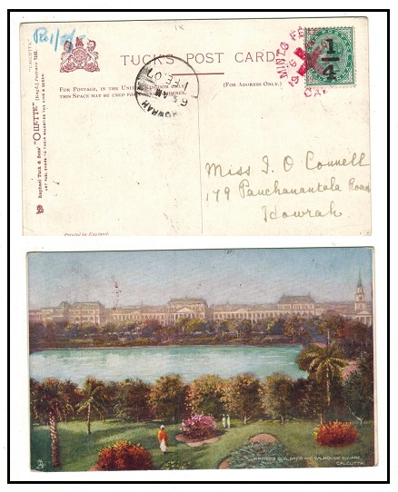INDIA - 1907 1/4a on 1/2a local postcard use with special 