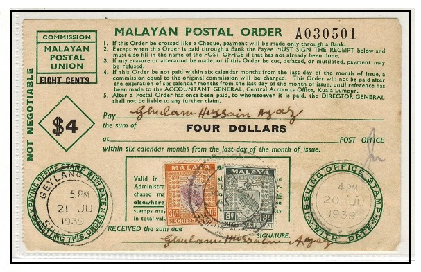 MALAYA - 1939 use of $4 