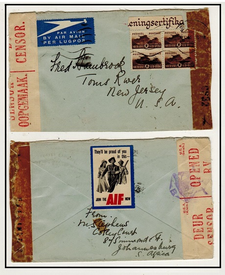 SOUTH AFRICA - 1944 JOIN THE AIF NOW patriotic label on 4/- rate censored cover to USA.