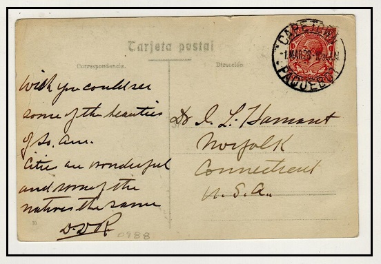 SOUTH AFRICA - 1928 GB 1d rate postcard use to USA cancelled CAPETOWN/PAQUEBOT.