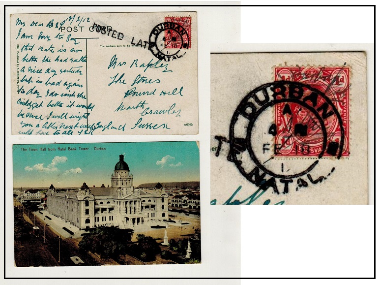 SOUTH AFRICA - 1912 1d (Transvaal) rate postcard use to UK struck POSTED LATE. 