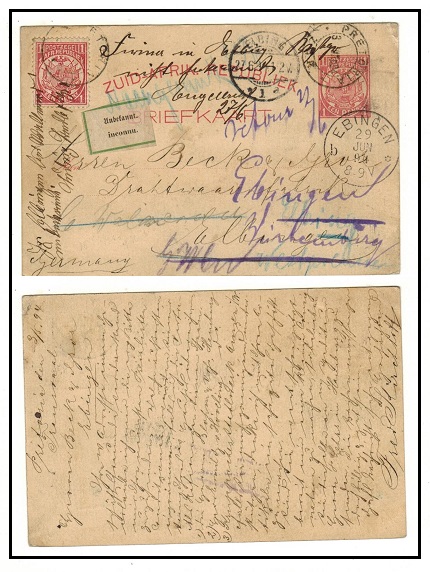 TRANSVAAL - 1885 1d carmine PSC to Germany from PRETORIA with INCONNU label applied. H&G 1.