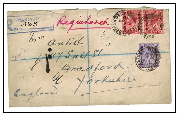 BECHUANALAND - 1915 5d rate registered cover to UK used at FRANCISTOWN.