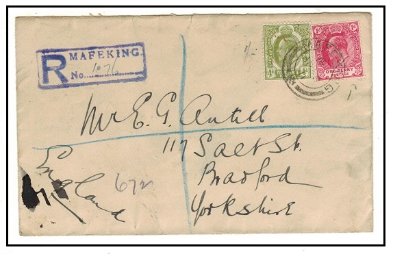 BECHUANALAND - 1911 1d+4d (Cape) registered cover to UK used at MAFEKING.