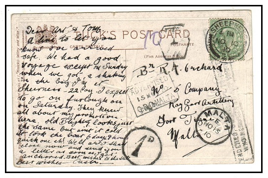MALTA - 1910 inward postcard from UK with 