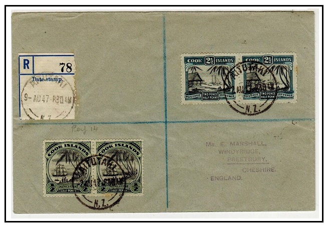 AITUTAKI - 1947 1/2 and 2 1/2d (Cook Is) pairs on registered cover to UK used at AITUTAKI.