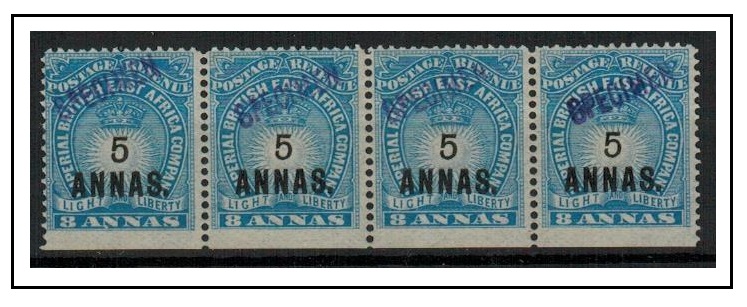BRITISH EAST AFRICA - 1894 5a on 8a blue mint strip of four handstamped SPECIMEN.  SG 27.