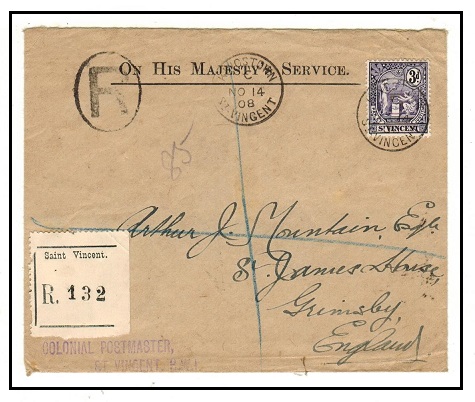 ST.VINCENT - 1908 3d rate OHMS cover registered to UK used at KINGSTOWN.
