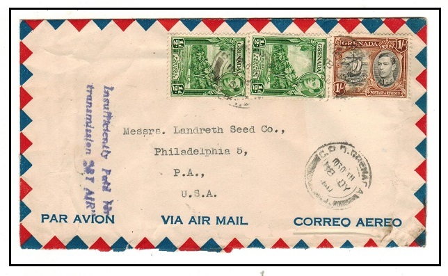 GRENADA - 1951 1/1d rate cover to USA struck INSUFFICIENTLY PAID FOR/TRANSMISSION BY AIR MAIL.