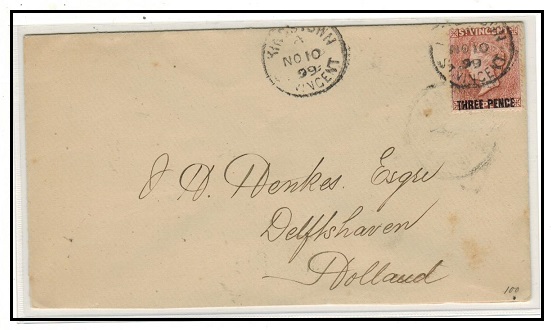ST.VINCENT - 1899 3d on 1d mauve on cover to Holland used at KINGSTOWN.