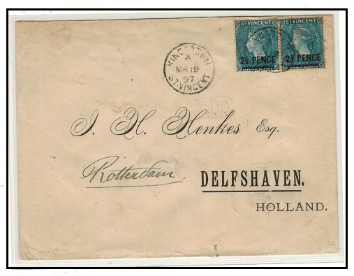 ST.VINCENT - 1897 2 1/2d on 1d blue pair on cover to Holland used at KINGSTOWN.