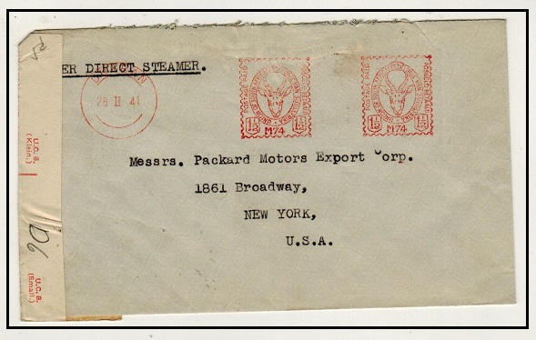 SOUTH AFRICA - 1941 1 1/2d (x2) meter mark censored cover to USA used at DURBAN.