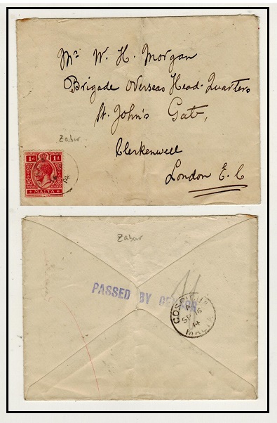 MALTA - 1914 1d rate cover to UK used at ZABBAR with PASSED BY CENSOR h/s applied.