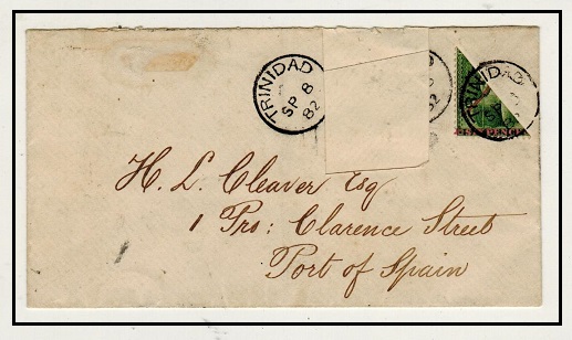 TRINIDAD AND TOBAGO - 1882 use of 1d on 6d green BISECTED adhesive (SG 105a) on part cover.