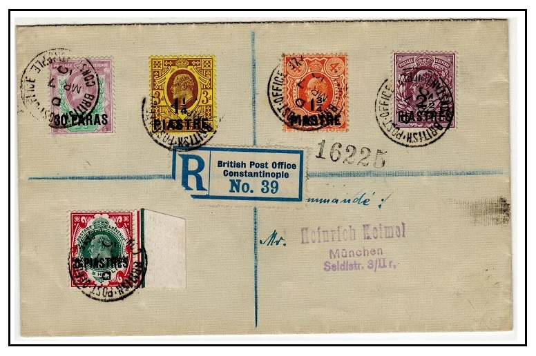 BRITISH LEVANT - 1910 multi franked registered cover to Germany used at CONSTANTINOPLE.