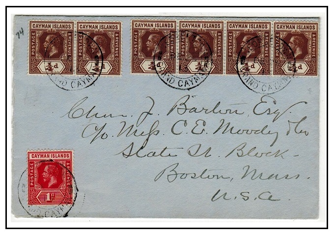 CAYMAN ISLANDS - 1913 2 1/2d rate cover to USA used at GEORGETOWN.