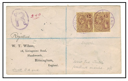 BRITISH VIRGIN ISLANDS - 1922 6d rate registered cover to UK used at WEST END/TORTOLA.