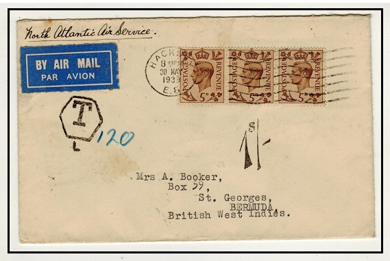 BERMUDA - 1939 inward underpaid cover from UK with scarce 
