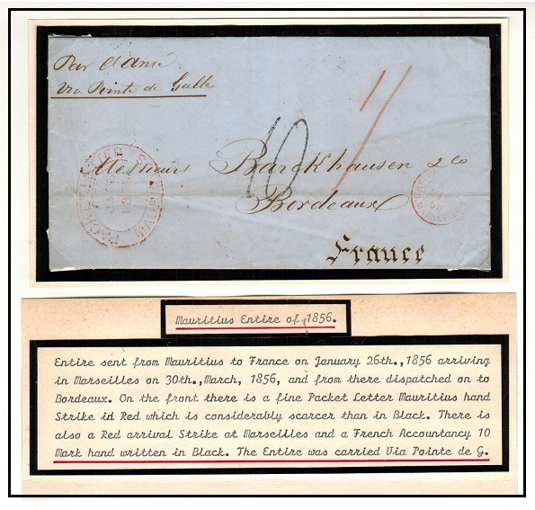 MAURITIUS - 1856 1/- rated entire to France struck PACKET LETTER/MAURITIUS in red.