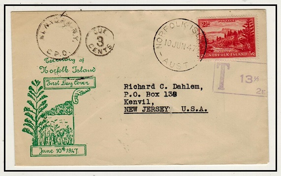 NORFOLK ISLAND - 1947 2 1/2d rate underpaid cover to USA with unusual 