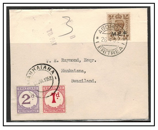 SWAZILAND - 1952 inward underpaid cover from UK with 1d and 2d dues added and tied MANKAIANA.