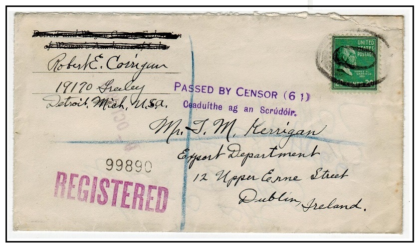 IRELAND - 1939 inward cover from USA struck by bilingual PASSED BY CENSOR (61).
