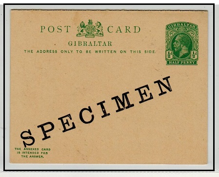 GIBRALTAR - 1912 1/2d + 1/2d green PSRC unused with SPECIMEN applied diagonally.
