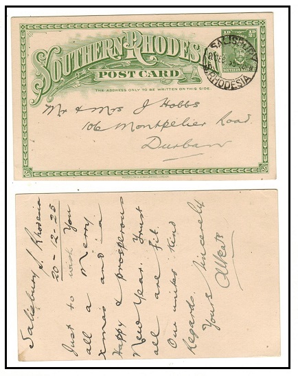 SOUTHERN RHODESIA - 1924 1/2d green PSC used to Durban from SALISBURY.  H&G 1.