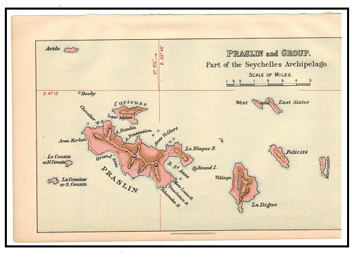 SEYCHELLES - 1920 (circa) Praslin group ordnance survey coloured map.