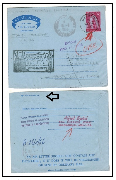 BAHRAIN - 1964 30np carmine rose air letter use to Germany used on the TUNIS-FRANKFURT first flight.