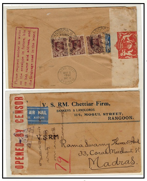 BURMA - 1941 censored cover to India struck by 