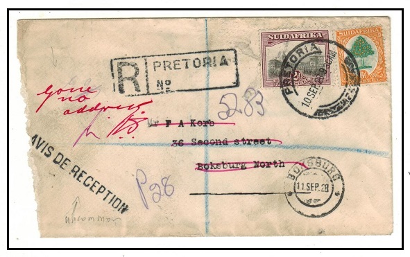 SOUTH AFRICA - 1928 8d rate registered local cover from PRETORIA struck 