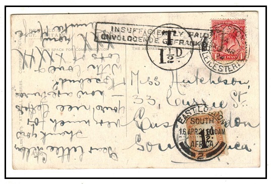 SOUTH AFRICA - 1924 inward underpaid postcard from UK struck 